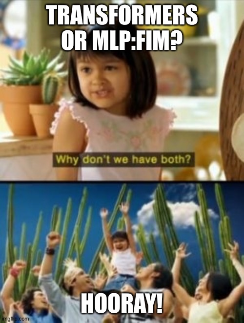 Why Not Both | TRANSFORMERS OR MLP:FIM? HOORAY! | image tagged in memes,why not both | made w/ Imgflip meme maker