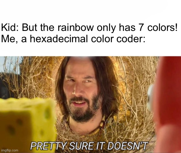 *laughs in #FFFFFF | Kid: But the rainbow only has 7 colors!
Me, a hexadecimal color coder: | image tagged in im pretty sure it doesnt,memes,hexadecimal | made w/ Imgflip meme maker