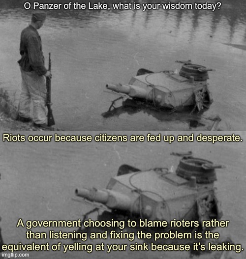 Why, I’d never thought of it that way before, Panzer of the Lake. | image tagged in panzer of the lake,o panzer of the lake,riots,rioters,government,common sense | made w/ Imgflip meme maker
