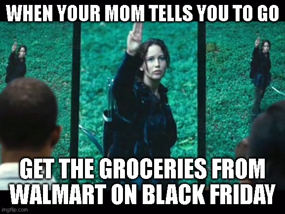 katniss everdeen salute | WHEN YOUR MOM TELLS YOU TO GO; GET THE GROCERIES FROM WALMART ON BLACK FRIDAY | image tagged in katniss everdeen salute | made w/ Imgflip meme maker