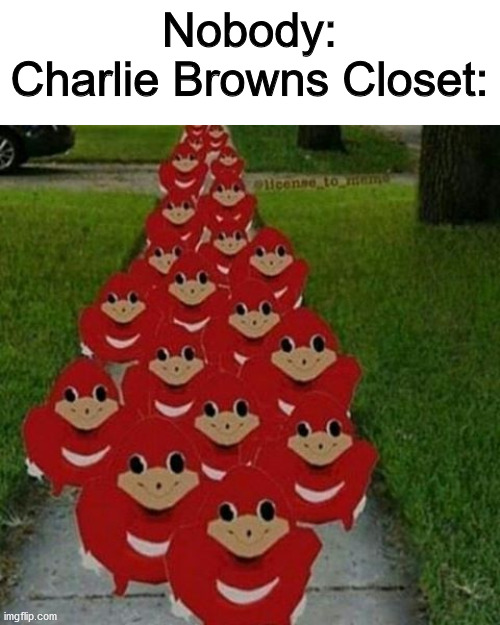 Ugandan knuckles army | Nobody:
Charlie Browns Closet: | image tagged in ugandan knuckles army | made w/ Imgflip meme maker