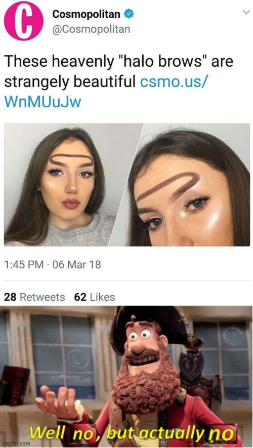 "Halo brows" | image tagged in well no but actually no,memes,funny,no,weird | made w/ Imgflip meme maker