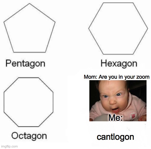 School | Mom: Are you in your zoom; Me:
 
cantlogon | image tagged in memes,pentagon hexagon octagon | made w/ Imgflip meme maker