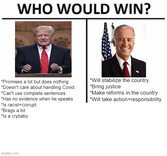 Who Would Win? | *Will stabilize the country
*Bring justice
*Make reforms in the country
*Will take action+responsibility; *Promises a lot but does nothing
*Doesn't care about handling Covid 
*Can't use complete sentences
*Has no evidence when he speaks
*Is racist+corrupt
*Brags a lot
*Is a crybaby | image tagged in memes,who would win | made w/ Imgflip meme maker