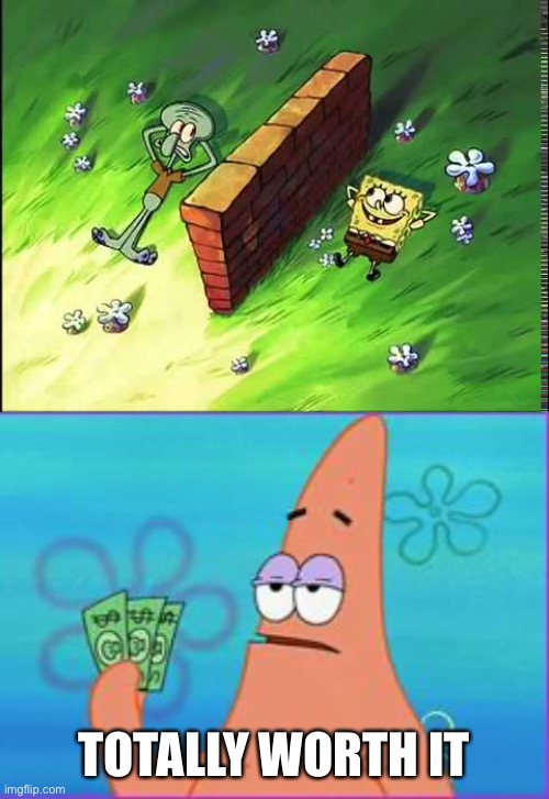 TOTALLY WORTH IT | image tagged in patrick star three dollars,spongebob wall,memes,funny | made w/ Imgflip meme maker