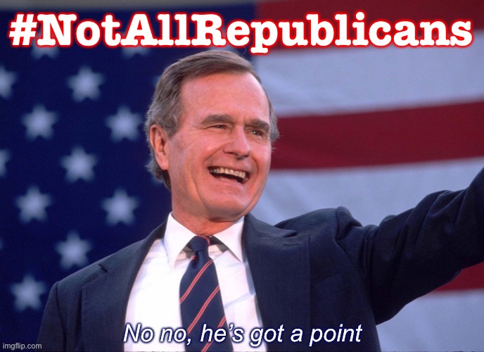 As election season heats up, let’s take a moment to remember the GOP of the past that was for the most part patriotic & decent. | #NotAllRepublicans | image tagged in george h w bush no no he s got a point,gop,republicans,george bush,nevertrump,never trump | made w/ Imgflip meme maker