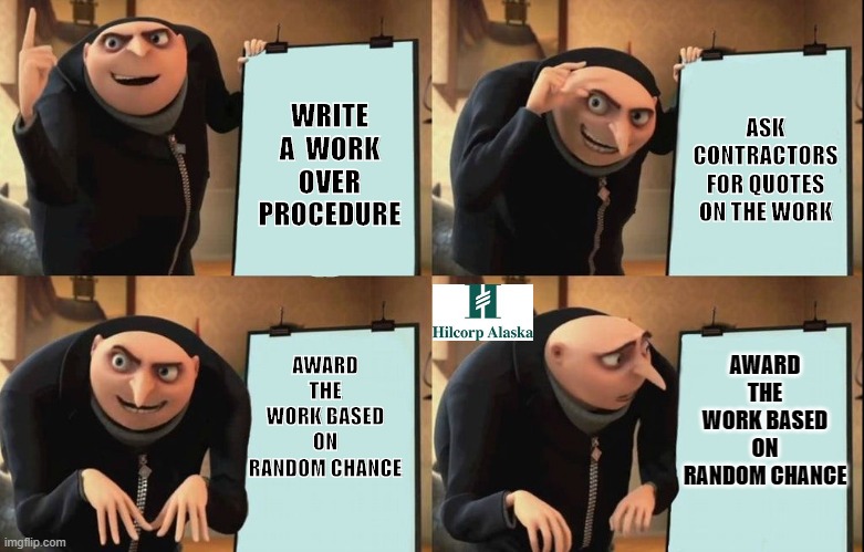 Hilcorp | WRITE A  WORK OVER PROCEDURE; ASK CONTRACTORS FOR QUOTES ON THE WORK; AWARD THE WORK BASED ON RANDOM CHANCE; AWARD THE WORK BASED ON RANDOM CHANCE | image tagged in despicable me diabolical plan gru template | made w/ Imgflip meme maker