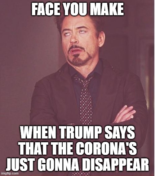 Face You Make Robert Downey Jr | FACE YOU MAKE; WHEN TRUMP SAYS THAT THE CORONA'S JUST GONNA DISAPPEAR | image tagged in memes,donald trump,coronavirus meme,that face you make when | made w/ Imgflip meme maker