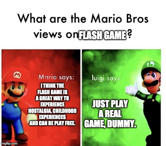 Opinions on Flash Games | FLASH GAME; I THINK THE FLASH GAME IS A GREAT WAY TO EXPERIENCE NOSTALGIA, CHILDHOOD EXPERIENCES AND CAN BE PLAY FREE. JUST PLAY A REAL GAME, DUMMY. | image tagged in mario bros views,internet,video games | made w/ Imgflip meme maker