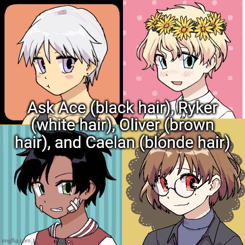 Ask Ace (black hair), Ryker (white hair), Oliver (brown hair), and Caelan (blonde hair) | Ask Ace (black hair), Ryker (white hair), Oliver (brown hair), and Caelan (blonde hair) | image tagged in oc | made w/ Imgflip meme maker