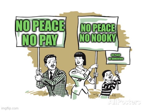 Protesters | NO PEACE
NO PAY; NO PEACE
NO NOOKY; NO PEACE
NO HOMEWORK | image tagged in protesters | made w/ Imgflip meme maker