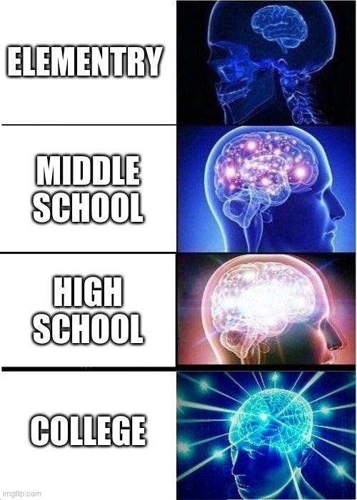 Expanding Brain | ELEMENTRY; MIDDLE SCHOOL; HIGH SCHOOL; COLLEGE | image tagged in memes,expanding brain | made w/ Imgflip meme maker