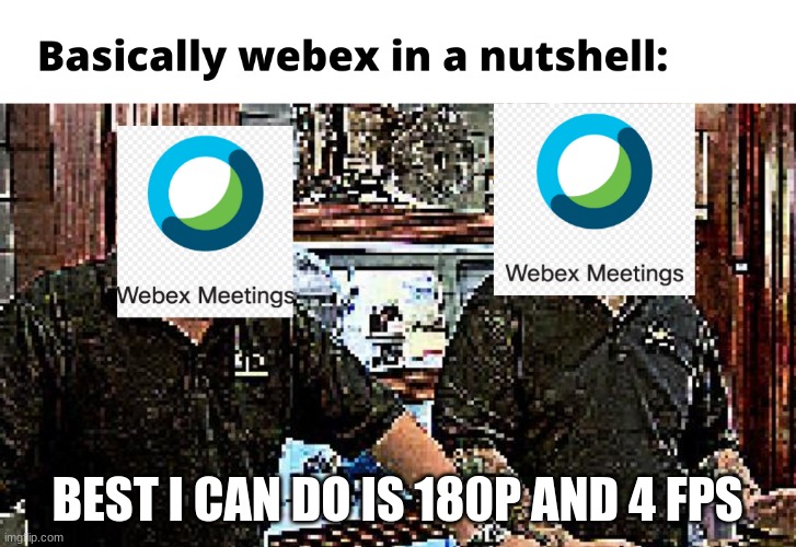 Basically webex in a nutshell | BEST I CAN DO IS 180P AND 4 FPS | image tagged in fun,online classes | made w/ Imgflip meme maker