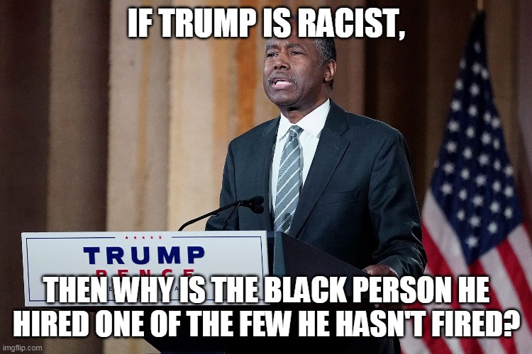 Trump's Not Racist | IF TRUMP IS RACIST, THEN WHY IS THE BLACK PERSON HE HIRED ONE OF THE FEW HE HASN'T FIRED? | image tagged in donald trump,ben carson,racist,racism,trump,you're fired | made w/ Imgflip meme maker