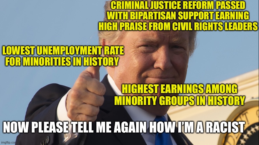 President Donald Trump | CRIMINAL JUSTICE REFORM PASSED WITH BIPARTISAN SUPPORT EARNING HIGH PRAISE FROM CIVIL RIGHTS LEADERS; LOWEST UNEMPLOYMENT RATE FOR MINORITIES IN HISTORY; HIGHEST EARNINGS AMONG MINORITY GROUPS IN HISTORY; NOW PLEASE TELL ME AGAIN HOW I’M A RACIST | image tagged in donald trump,donald trump approves,election 2020,memes,president trump,minorities | made w/ Imgflip meme maker