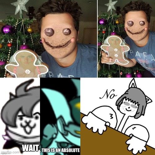 Cursed face swap of the guy and the gingerbread man | image tagged in wait this is an absolute no,face swap,memes,meme,gingerbread man,cursed image | made w/ Imgflip meme maker
