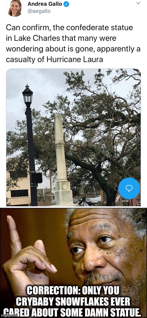 A hurricane devastates a city and liberals only care about a statue | CORRECTION: ONLY YOU CRYBABY SNOWFLAKES EVER CARED ABOUT SOME DAMN STATUE. | image tagged in this morgan freeman,liberal logic,confederate statues,louisiana,democratic party,memes | made w/ Imgflip meme maker