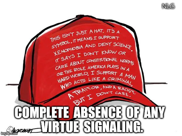 Like rattlesnakes, MAGA hats give clear warnings about who to avoid. | NLG; COMPLETE  ABSENCE  OF  ANY  
VIRTUE  SIGNALING. | image tagged in politics,political meme,political | made w/ Imgflip meme maker