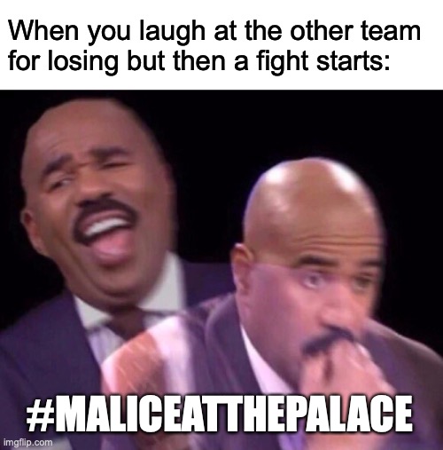 Steve Harvey Laughing Serious | When you laugh at the other team for losing but then a fight starts:; #MALICEATTHEPALACE | image tagged in steve harvey laughing serious | made w/ Imgflip meme maker