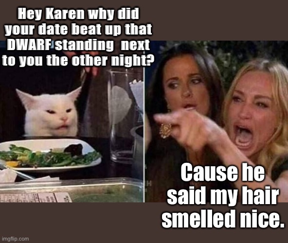 Woman yelling at cat | Hey Karen why did your date beat up that DWARF standing  next to you the other night? Cause he said my hair smelled nice. | image tagged in reverse smudge and karen | made w/ Imgflip meme maker