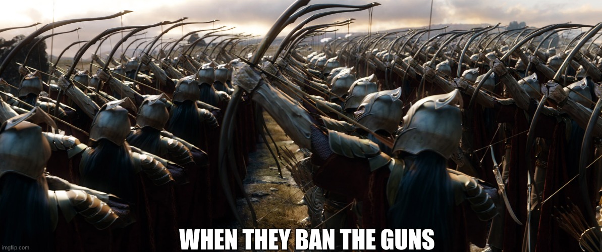 WHEN THEY BAN THE GUNS | image tagged in elves,politics,joe biden | made w/ Imgflip meme maker