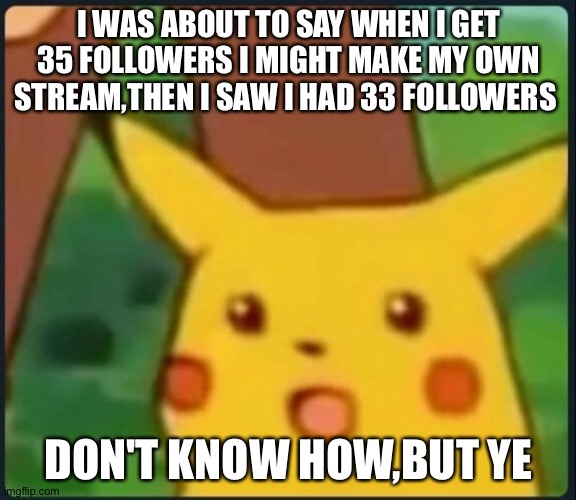 My face rn is literally suprised pikachu wtf | I WAS ABOUT TO SAY WHEN I GET 35 FOLLOWERS I MIGHT MAKE MY OWN STREAM,THEN I SAW I HAD 33 FOLLOWERS; DON'T KNOW HOW,BUT YE | image tagged in surprised pikachu | made w/ Imgflip meme maker