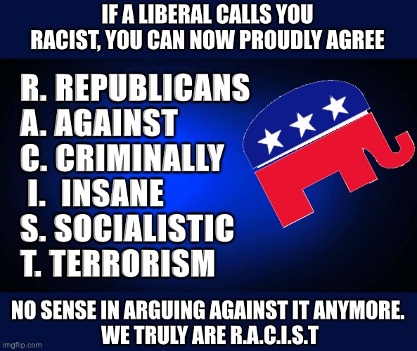 R.A.C.I.S.T. | IF A LIBERAL CALLS YOU RACIST, YOU CAN NOW PROUDLY AGREE; R. REPUBLICANS
A. AGAINST 
C. CRIMINALLY 
 I.  INSANE
S. SOCIALISTIC
T. TERRORISM; NO SENSE IN ARGUING AGAINST IT ANYMORE. 
WE TRULY ARE R.A.C.I.S.T | image tagged in racist,socialism,terrorism | made w/ Imgflip meme maker