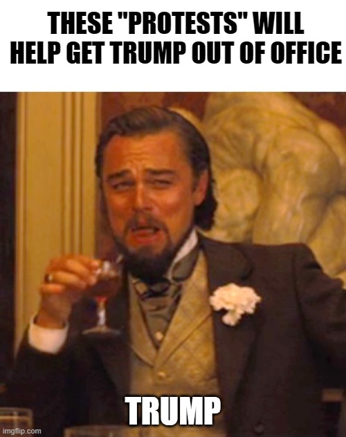 Leonardo dicaprio django laugh | THESE "PROTESTS" WILL HELP GET TRUMP OUT OF OFFICE; TRUMP | image tagged in leonardo dicaprio django laugh | made w/ Imgflip meme maker