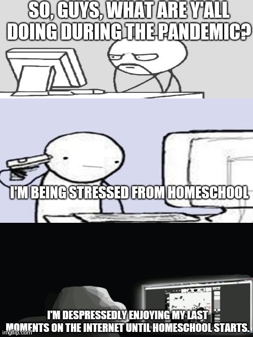 Everyone be like | SO, GUYS, WHAT ARE Y'ALL DOING DURING THE PANDEMIC? I'M BEING STRESSED FROM HOMESCHOOL; I'M DESPRESSEDLY ENJOYING MY LAST MOMENTS ON THE INTERNET UNTIL HOMESCHOOL STARTS. | image tagged in double long black template,computer guy,forever alone,stress,covid-19 | made w/ Imgflip meme maker
