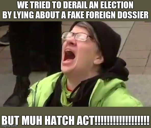 Screaming Liberal  | WE TRIED TO DERAIL AN ELECTION BY LYING ABOUT A FAKE FOREIGN DOSSIER BUT MUH HATCH ACT!!!!!!!!!!!!!!!!!! | image tagged in screaming liberal | made w/ Imgflip meme maker