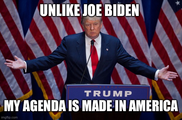 Donald Trump | UNLIKE JOE BIDEN; MY AGENDA IS MADE IN AMERICA | image tagged in donald trump,trump 2020,maga | made w/ Imgflip meme maker