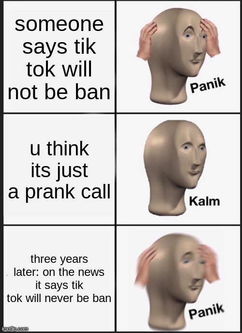 WE Cant lET DISS HAPPEN! | someone says tik tok will not be ban; u think its just a prank call; three years later: on the news it says tik tok will never be ban | image tagged in memes,panik kalm panik | made w/ Imgflip meme maker