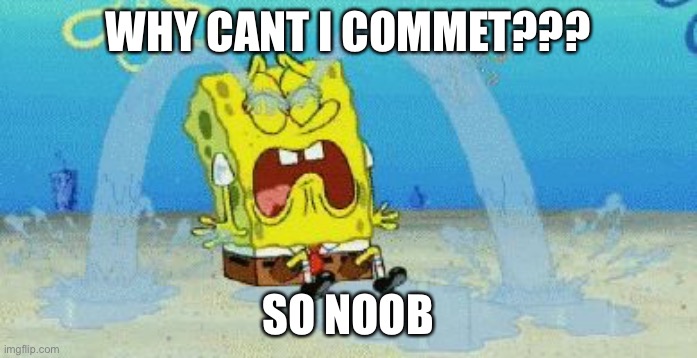 Y | WHY CANT I COMMET??? SO NOOB | image tagged in cryin | made w/ Imgflip meme maker