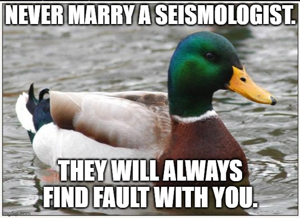 Actual Advice Mallard | NEVER MARRY A SEISMOLOGIST. THEY WILL ALWAYS FIND FAULT WITH YOU. | image tagged in memes,actual advice mallard,double entendres,marriage,science,earthquake | made w/ Imgflip meme maker