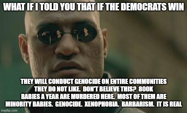 It will be ugly and Many will die. | WHAT IF I TOLD YOU THAT IF THE DEMOCRATS WIN; THEY WILL CONDUCT GENOCIDE ON ENTIRE COMMUNITIES THEY DO NOT LIKE.  DON'T BELIEVE THIS?  800K BABIES A YEAR ARE MURDERED HERE.  MOST OF THEM ARE MINORITY BABIES.  GENOCIDE.  XENOPHOBIA.  BARBARISM.  IT IS REAL | image tagged in memes,matrix morpheus | made w/ Imgflip meme maker