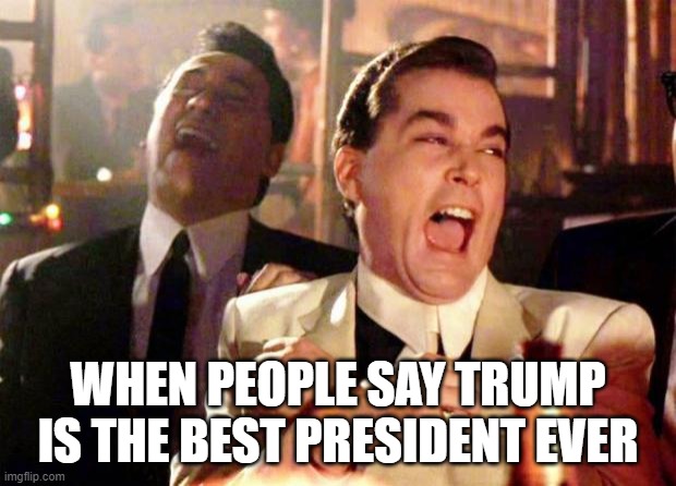 Wise guys laughing | WHEN PEOPLE SAY TRUMP IS THE BEST PRESIDENT EVER | image tagged in wise guys laughing | made w/ Imgflip meme maker