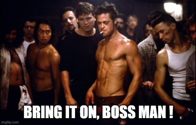 Fight Club Template  | BRING IT ON, BOSS MAN ! | image tagged in fight club template | made w/ Imgflip meme maker