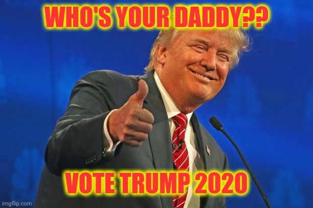 Trump winning smarmy grinning | WHO'S YOUR DADDY?? VOTE TRUMP 2020 | image tagged in trump winning smarmy grinning | made w/ Imgflip meme maker