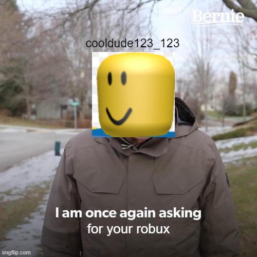 Bernie I Am Once Again Asking For Your Support | cooldude123_123; for your robux | image tagged in memes,bernie i am once again asking for your support | made w/ Imgflip meme maker