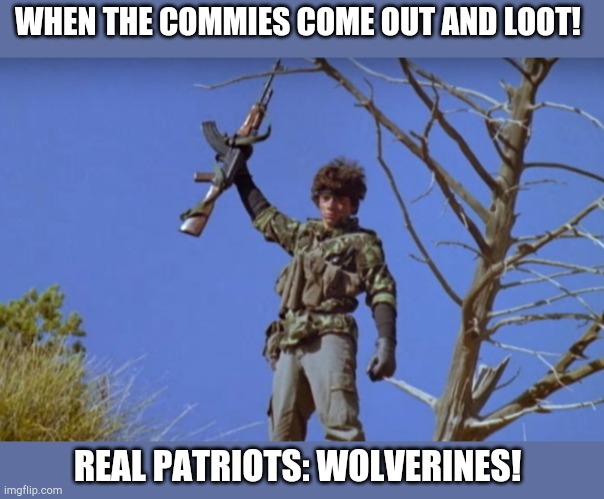 WHEN THE COMMIES COME OUT AND LOOT! REAL PATRIOTS: WOLVERINES! | image tagged in politics,2nd amendment,patriots,republicans,looting | made w/ Imgflip meme maker