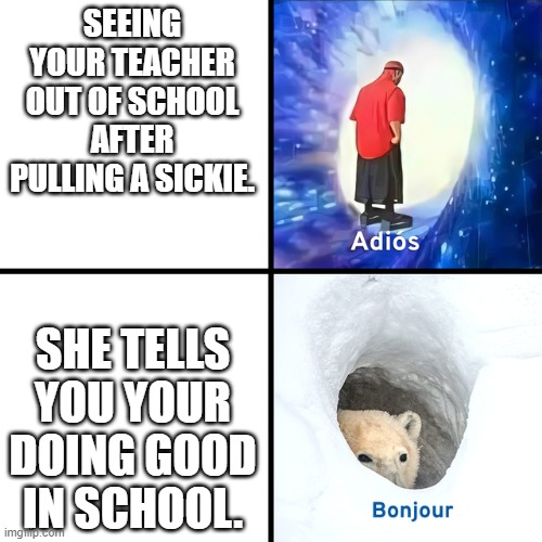 Adios Bonjour | SEEING YOUR TEACHER OUT OF SCHOOL AFTER PULLING A SICKIE. SHE TELLS YOU YOUR DOING GOOD IN SCHOOL. | image tagged in adios bonjour | made w/ Imgflip meme maker