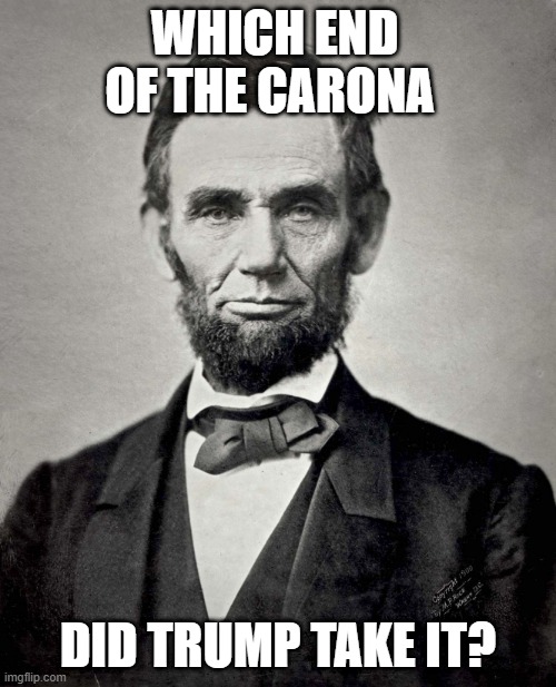 Which end of the dog | WHICH END OF THE CARONA; DID TRUMP TAKE IT? | image tagged in abraham lincoln | made w/ Imgflip meme maker