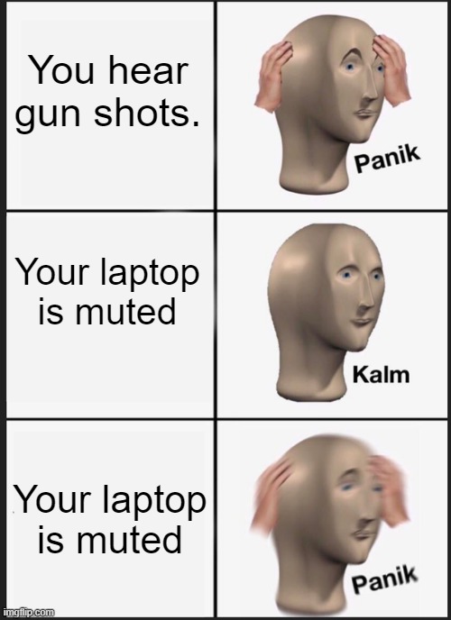 Panik Kalm Panik | You hear gun shots. Your laptop is muted; Your laptop is muted | image tagged in memes,panik kalm panik | made w/ Imgflip meme maker