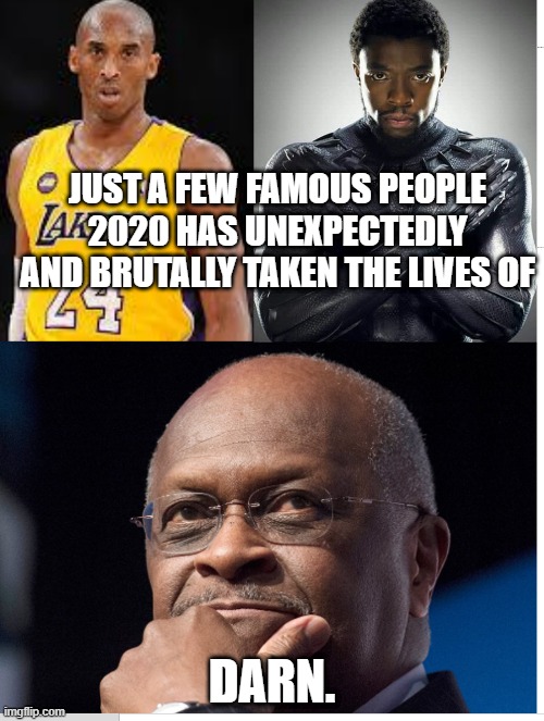 2020 has murdered so many... but then it's unexpectedly killed these three ppl. ugh am i 4getting anyone? |  JUST A FEW FAMOUS PEOPLE 2020 HAS UNEXPECTEDLY AND BRUTALLY TAKEN THE LIVES OF; DARN. | image tagged in memes,2020,murder,chadwick boseman,kobe bryant,herman cain | made w/ Imgflip meme maker