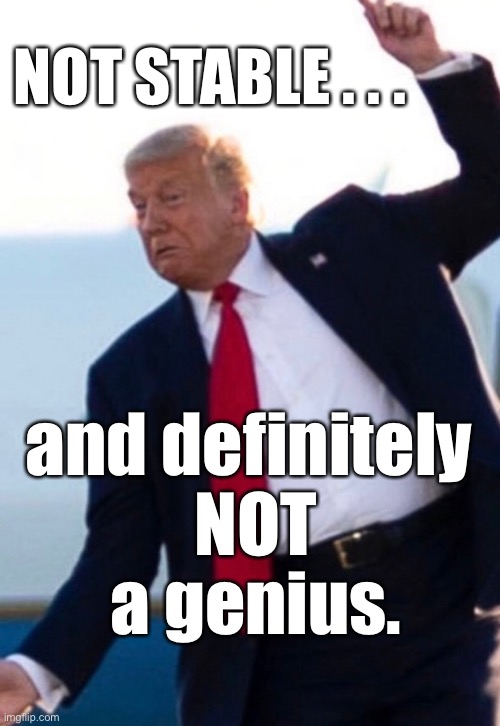 Trump Stumbles |  NOT STABLE . . . and definitely 
NOT
a genius. | image tagged in trump stumble,trump,trump dementia,trump fail,donald trump,trump stable genius | made w/ Imgflip meme maker