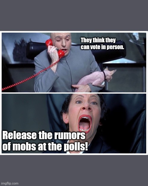 Release the mobs... | They think they can vote in person. Release the rumors of mobs at the polls! | image tagged in dr evil and frau yelling | made w/ Imgflip meme maker