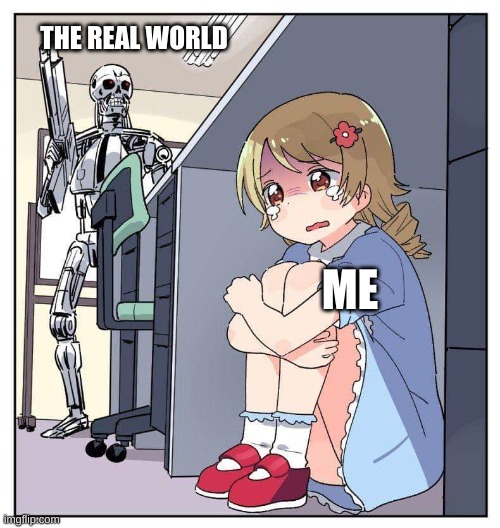 Anime girl hiding from terminator meme | THE REAL WORLD; ME | image tagged in anime girl hiding from terminator meme | made w/ Imgflip meme maker