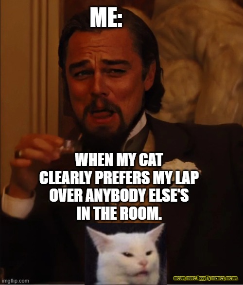 Leo Laugh | ME:; WHEN MY CAT
CLEARLY PREFERS MY LAP
OVER ANYBODY ELSE'S
IN THE ROOM. meow, more JiggyFly memes, meow. | image tagged in leo laugh,woman yelling at cat,cats,smudge the cat,trump 2020,msm lies | made w/ Imgflip meme maker