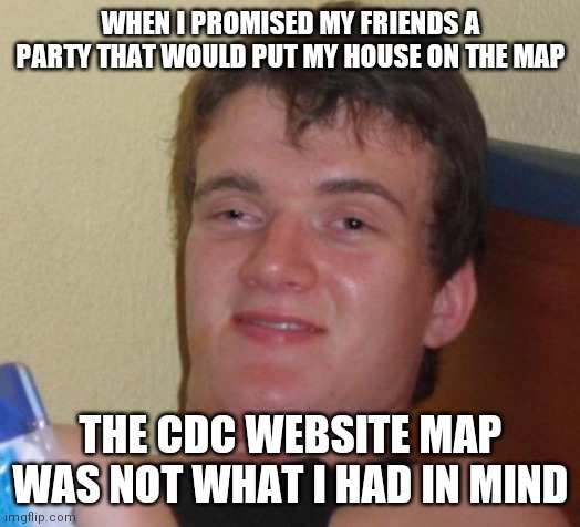 10 Guy Meme | WHEN I PROMISED MY FRIENDS A PARTY THAT WOULD PUT MY HOUSE ON THE MAP; THE CDC WEBSITE MAP WAS NOT WHAT I HAD IN MIND | image tagged in memes,10 guy | made w/ Imgflip meme maker