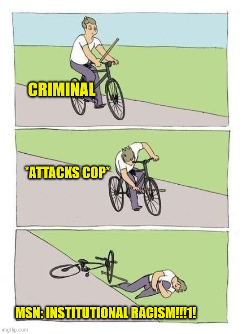 Bike Fall Meme | CRIMINAL MSN: INSTITUTIONAL RACISM!!!1! *ATTACKS COP* | image tagged in bicycle | made w/ Imgflip meme maker